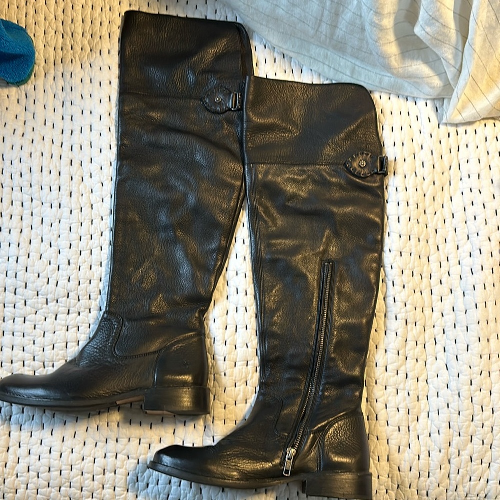 FRYE Shirley OTK Over The Knee Boots Riding Boots Black Leather 7 RARE
